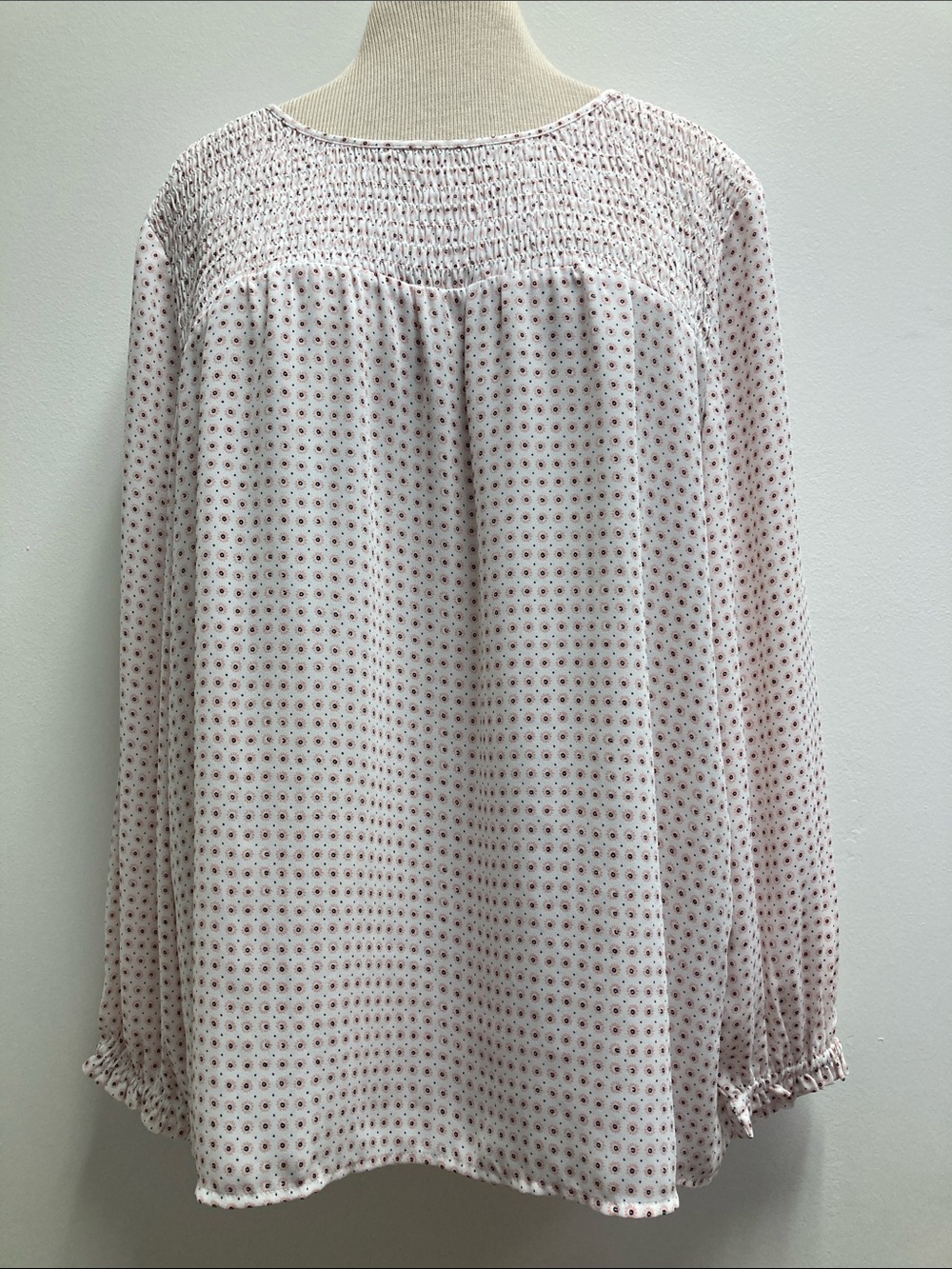 LOFT White Blouse with Pink Flower Dot Print and Smocked Yoke